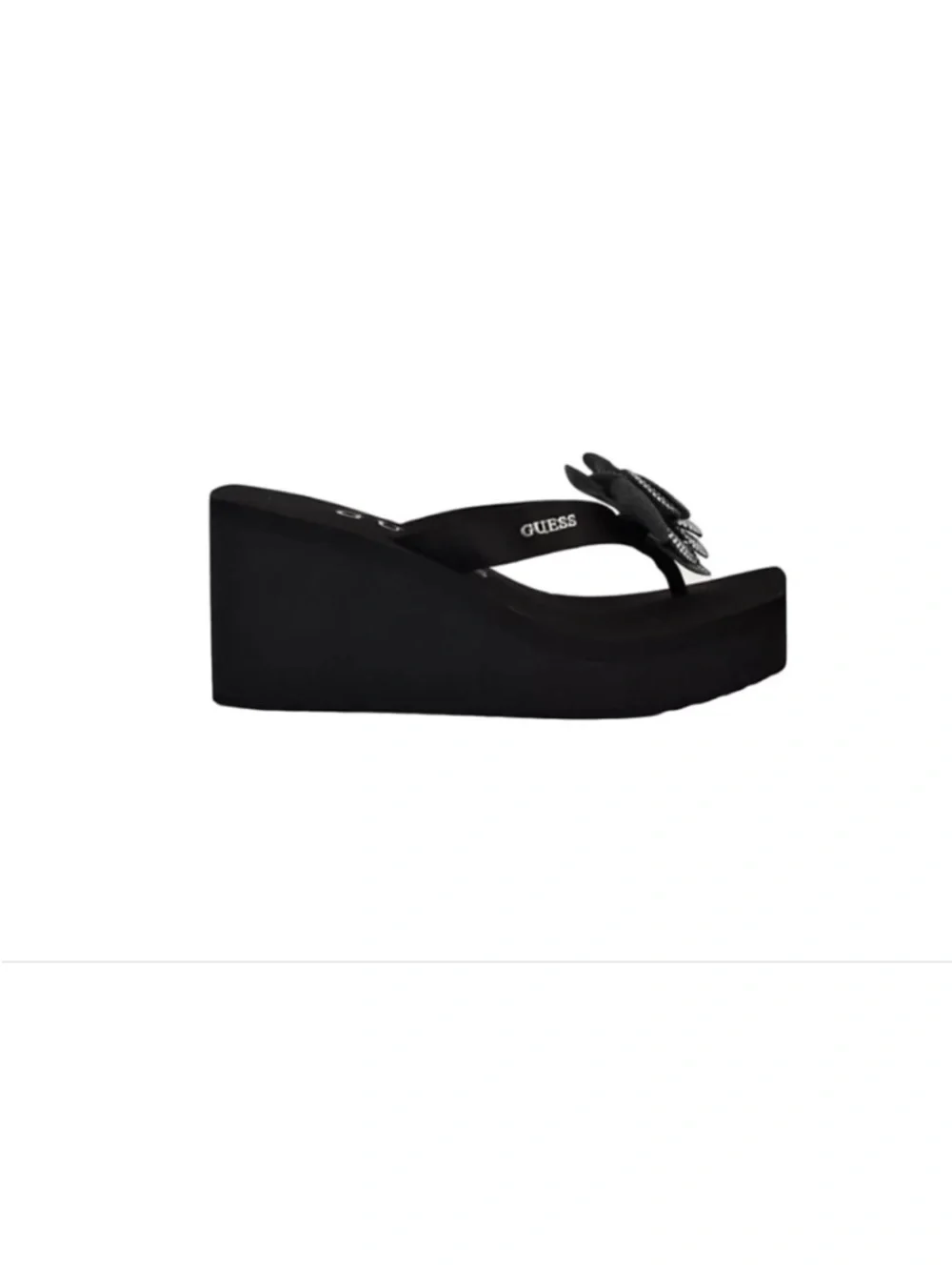 GUESS Black Wedge Sandal with Crystal Flower Accent